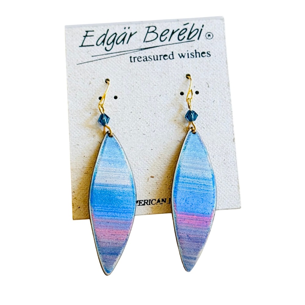 VTG Edgar Berebi Earrings Dangle Enamel Treasured Wishes Pierced Blue Signed 80s